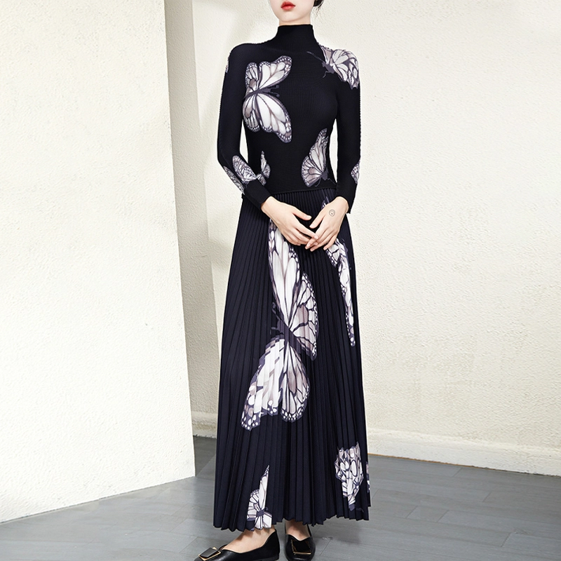 Pleats Clothing Manufacturer High Quality The Latest Miyake Pleated Casual Style Sets Printed Wholesale Shirt And Printed Long Pleated Skirt Two Piece Set Supplier 1