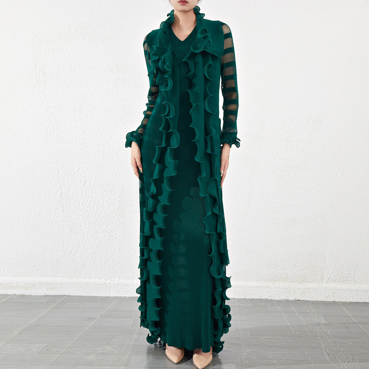 High-quality Miyake Pleated Dress Manufacturer  With Ruffled Hem And Belted Two-piece Set For Women - Autumn Design Dress 1