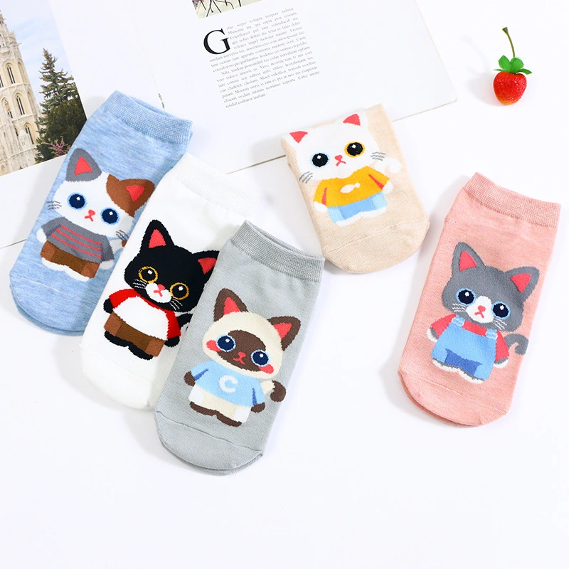 Cotton Ankle Socks with Cute Cat Design for Women - One Size 1