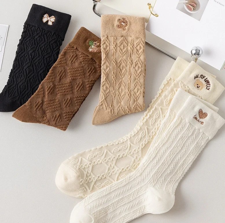Custom Cotton Crew Dress Socks with Bear Pattern for Women 1