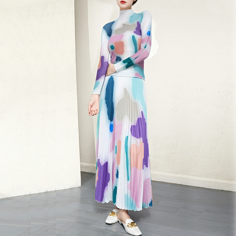 Pleats Clothing Manufacturer  High Quality Wholesale Casual Style Printed Lomg Sleeve Top And Printed Long Pleated Skirt Two Piece Sets1 1