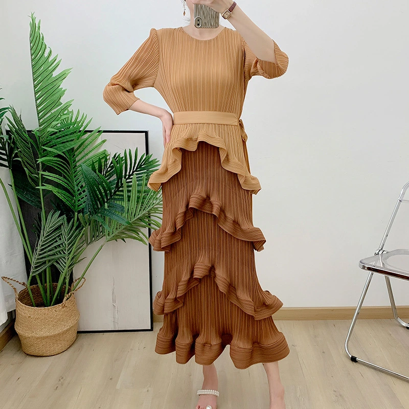 2024 neueste Kleidung Hersteller Custom Miyake Plissee Lotus Blatt Blume Patchwork Farbe Kleider Dame Elegante Frauen Kleider Großhandel 1