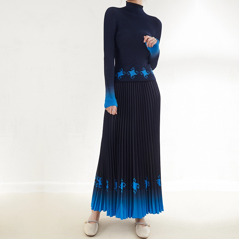 Pleats Clothing Manufacture Neuheiten Zweiteiliges Set, bedruckter langer Faltenrock und langärmliges Rollkragen-T-Shirt mit Falten, Damen-Sets Lieferant 1