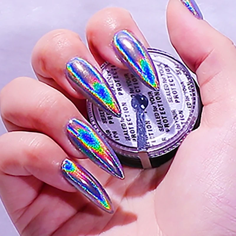 Free Sample 35um Holographic Rainbow Effect Nail Art Pigment Chrome Mirror Powder Wholesale Holographic Nail Powder 1
