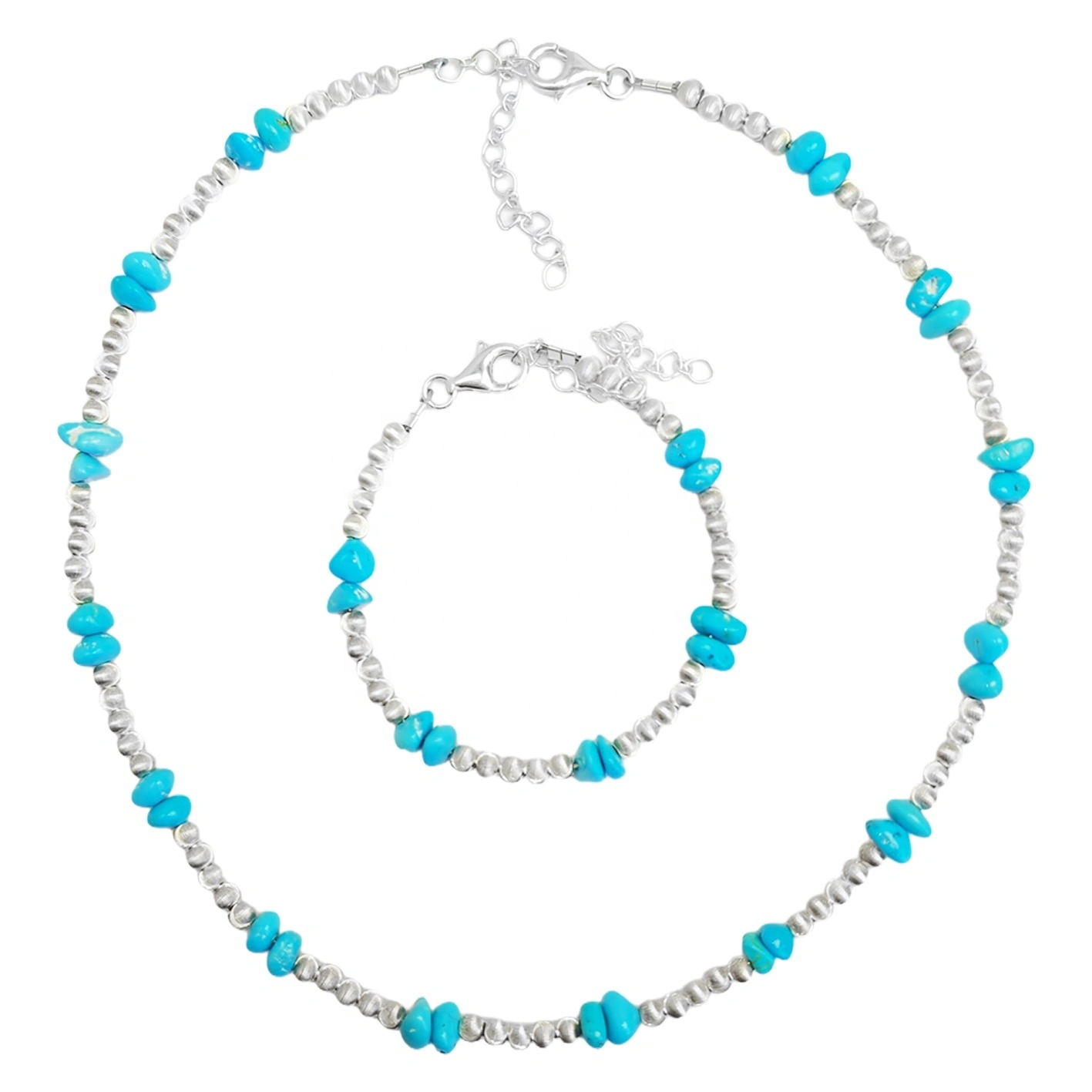 High Quality Sleeping Beauty Mine Natural Sterling Treatment Turquoise S925 Silver Beads Bracelet Necklace Jewelry Female Set 1