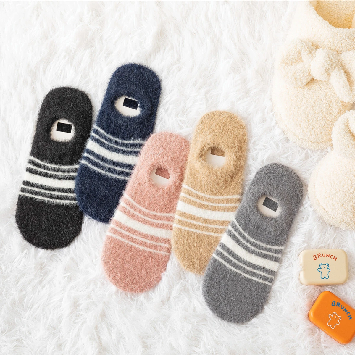 Winter Women Soft Hair Socks Stripe Ankle Boat Socks 1