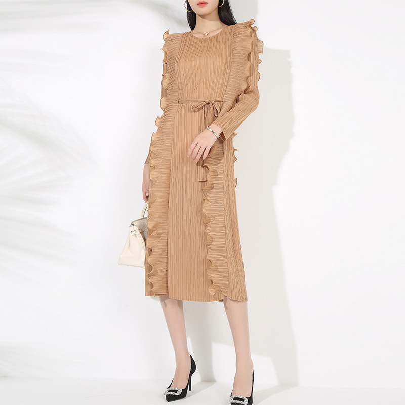 Auf Lager Schnelle Lieferung Hohe Qualität Mode Design Frauen Plissee Kleid Mit Gürtel Rüschen Casual Kleid Elegantes Kleid 5