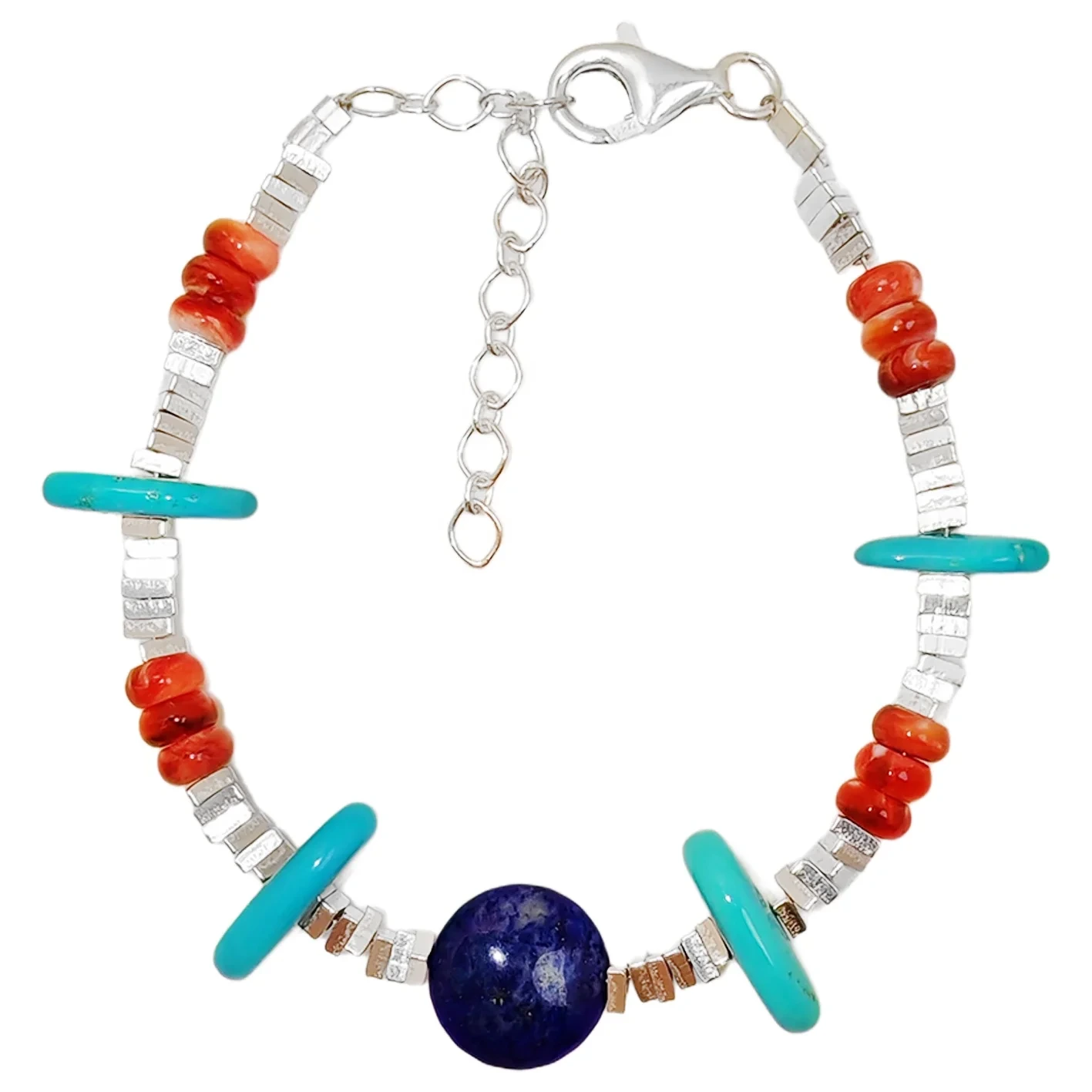 Natirèl Sterling Turquoise ak Natirèl Wouj Spiny Oyster Abacus S925 Silver Fashion Braslè 1