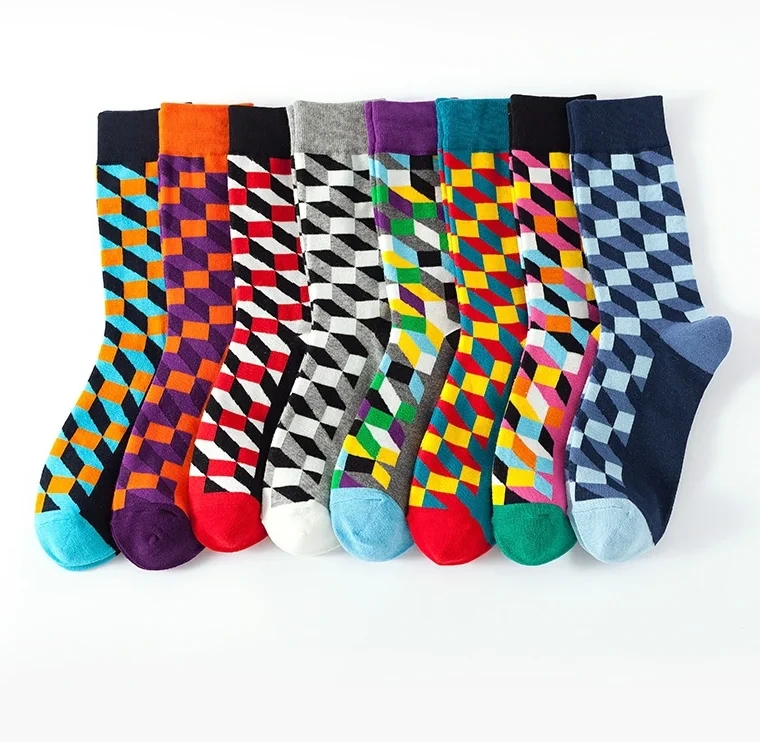 Custom Odm Oem Colorful Happy Socks Diamond Grid Unisex Knitting Socks 1