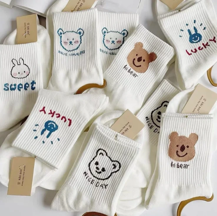 Cotton Crew Socks with Cute Bear and Rabbit Knit Designs 1