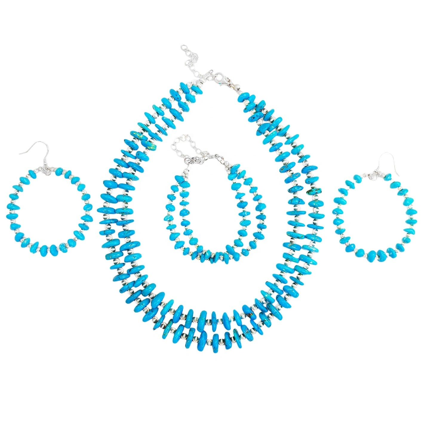 Irregular Sleeping Beauty Mine Natural Sterling Treatment Turquoise S925 Silver Beads Temperament Women's Jewelry Set 1