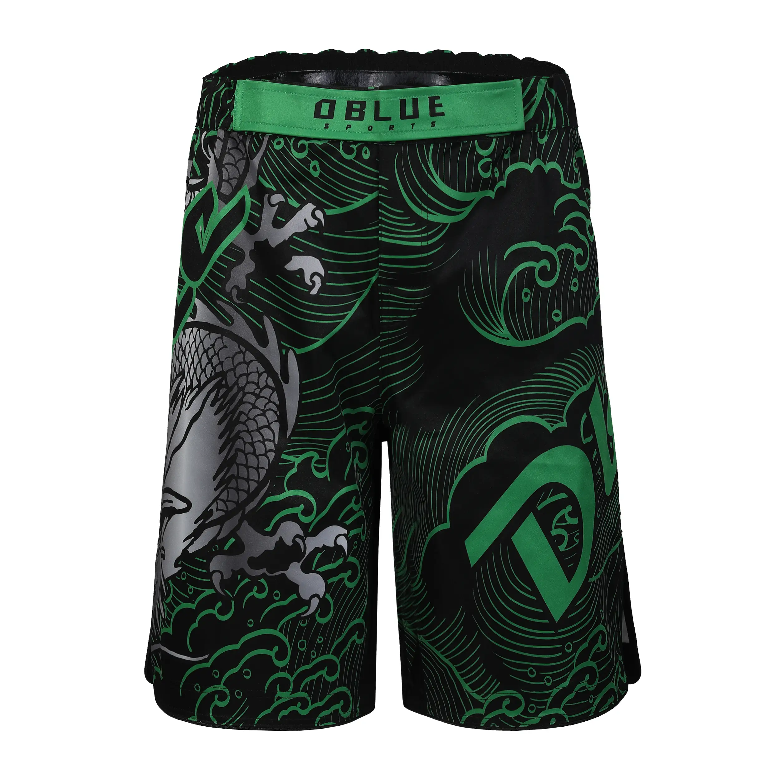 Lipéad Príobháideach Lógó Saincheaptha Ardchaighdeáin Glas Agus Dubh Dearadh Priontáil Sublimation Mens Mma Shorts 1