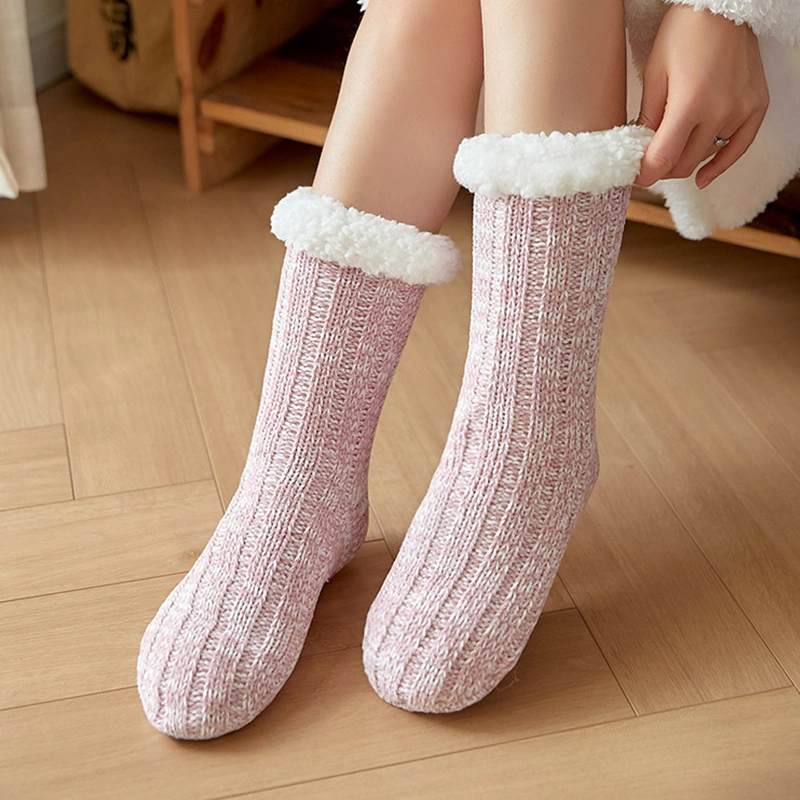 Womens Winter Knit Fleece Gripper Socks - Warm Non-slip Cozy Cotton Socks 1