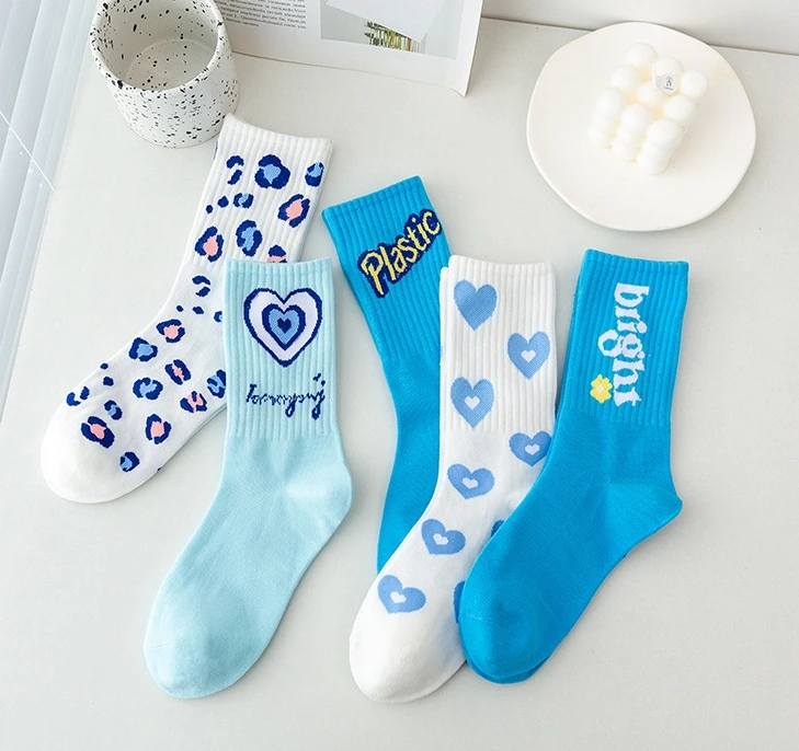 Custom Blue Heart Crew Socks High Rubber Knitting 1