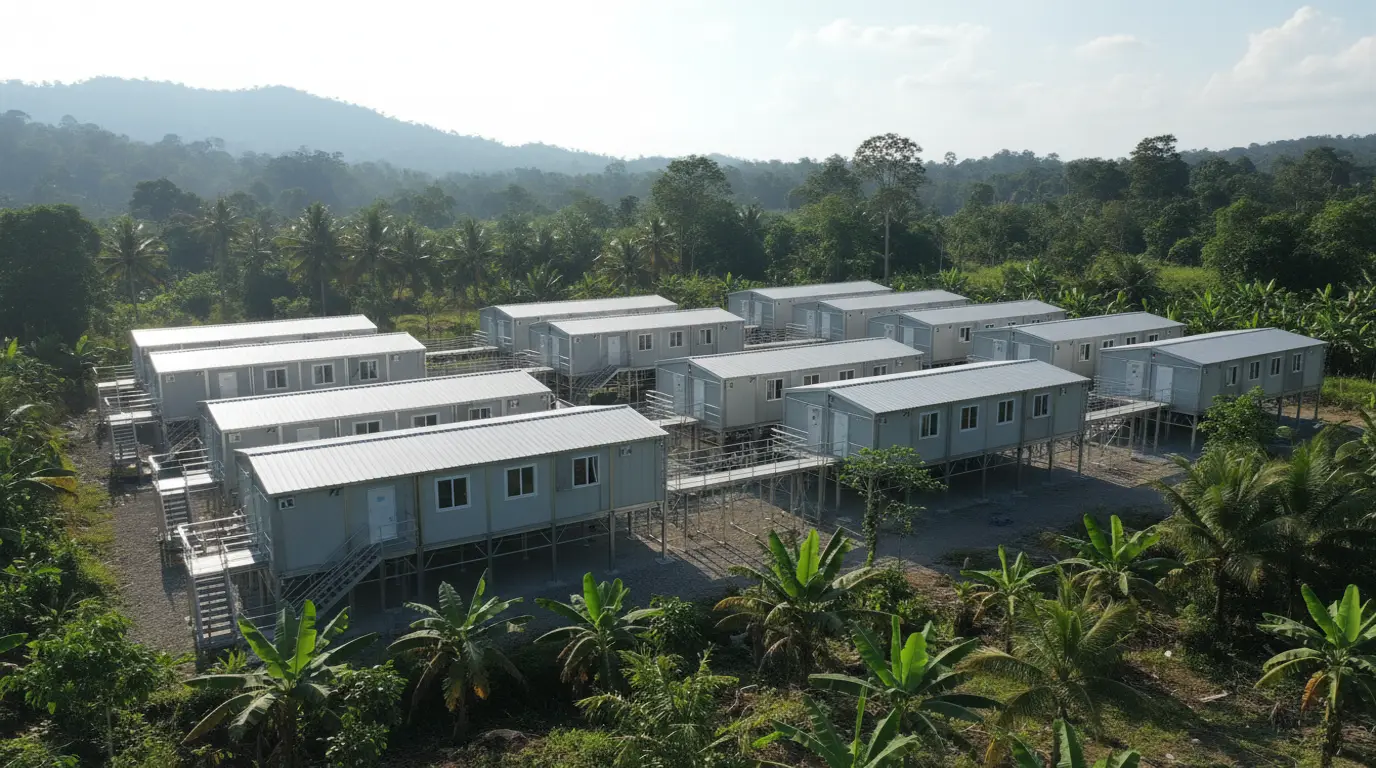 Aerial view of a WELLCAMP modular mining camp deployed in a tropical forest clearing, showing dormitory blocks, covered walkways, and canteen unit