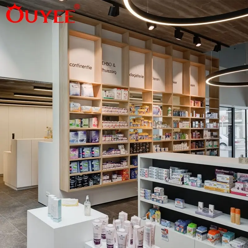 أرفف صيدلية خشبية وخزانة عرض للأدوية للمتاجر الطبية 1