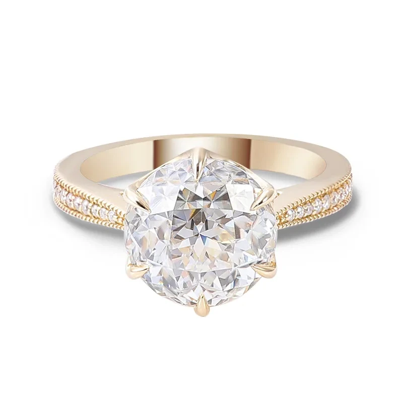 Bague de fiançailles en or jaune 10 carats, design simple et moderne, bague de mariage pour femme, bague ronde en moissanite taille européenne ancienne 1