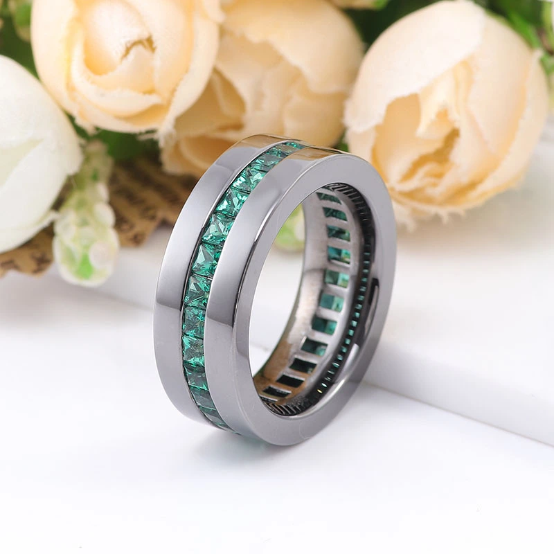 Black Rhodium plaqué Silver Men Ring Band Green Princess Cut Moissanite Ring Classic Style Fine Bijoux Rings For Men 1