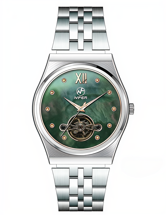 Nifer Damen-Armbanduhr, achteckig, halbskelettiert, mit natürlichem Perlmuttzifferblatt, Edelstahlarmband, wasserdicht bis 5 ATM, elegante Damenuhr 2