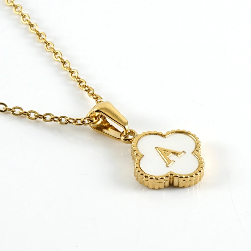 New Design Waterproof Titanium Steel Four Leaf Design 26 Letter Pendant Necklace Plated With 18k Gold For Fashionable Women 1