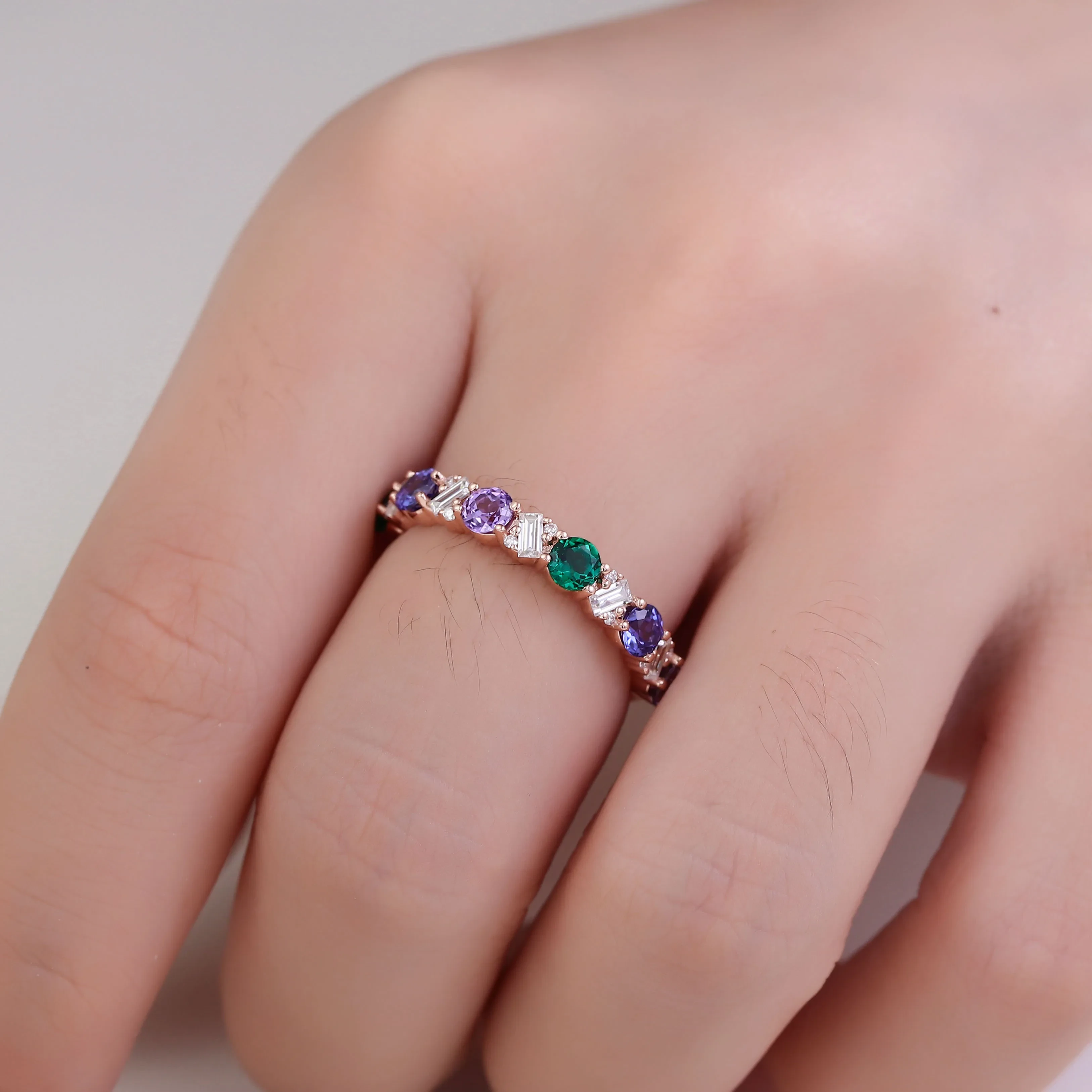 Fine Jewelry Group Gemstone 10k Rose Gold Round Lab Grown Colored Sapphire Moissanite Diamond Ring Popular Engagement Band 1