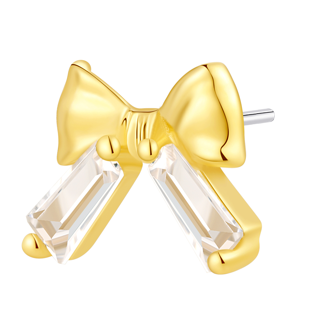 Eternal Metal 14k Solid Gold Trapezoid Zircon Claw Setting Bow Shaped-ear<000000> Flat Piercing Jewelry Push In Threadless Ends Tops 5