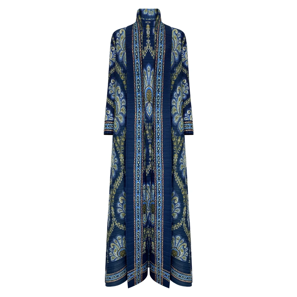 Fabricant de vêtements plissés à la main, col rabattu, Vintage, robe à manches longues du Moyen-Orient, nouveau design imprimé, Abaya, mode, manteau long et ample 1