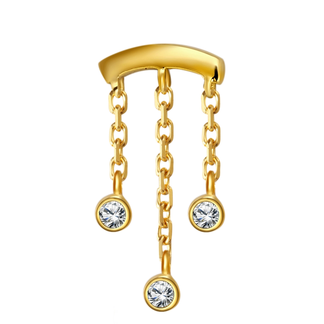 Eternal Metal 14k Solid Gold 3 Dangling Cz On Chains Daith Threadless Top Piercing Push In Body Jewelry 1
