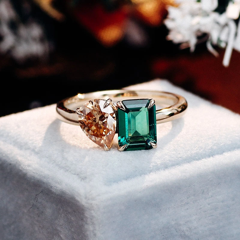 Moissanite Wedding Ring 10k 14k Real Gold Emerald cut Lab Emerald & Pear Cut Champagne Moissanite Toi et moi Ring 1