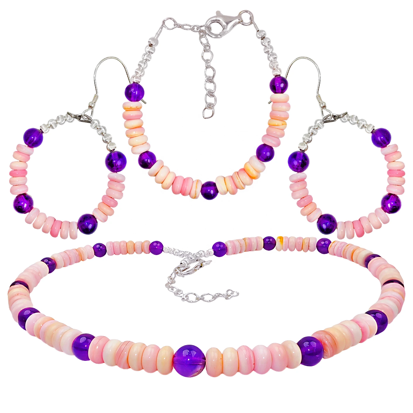 Amethyst & Natural Pink Opal Jewelry Set 3 Piece Set Necklace Bracelet Earring Set The Perfect Combination Of Natural 1
