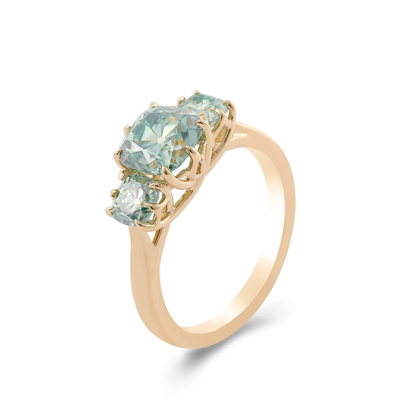 2 Carat Three Stone Blue Green Cushion Cut Moissanite Diamond Halo Ring 14k Yellow Gold Ring Men's And Women's First Jewelry 1