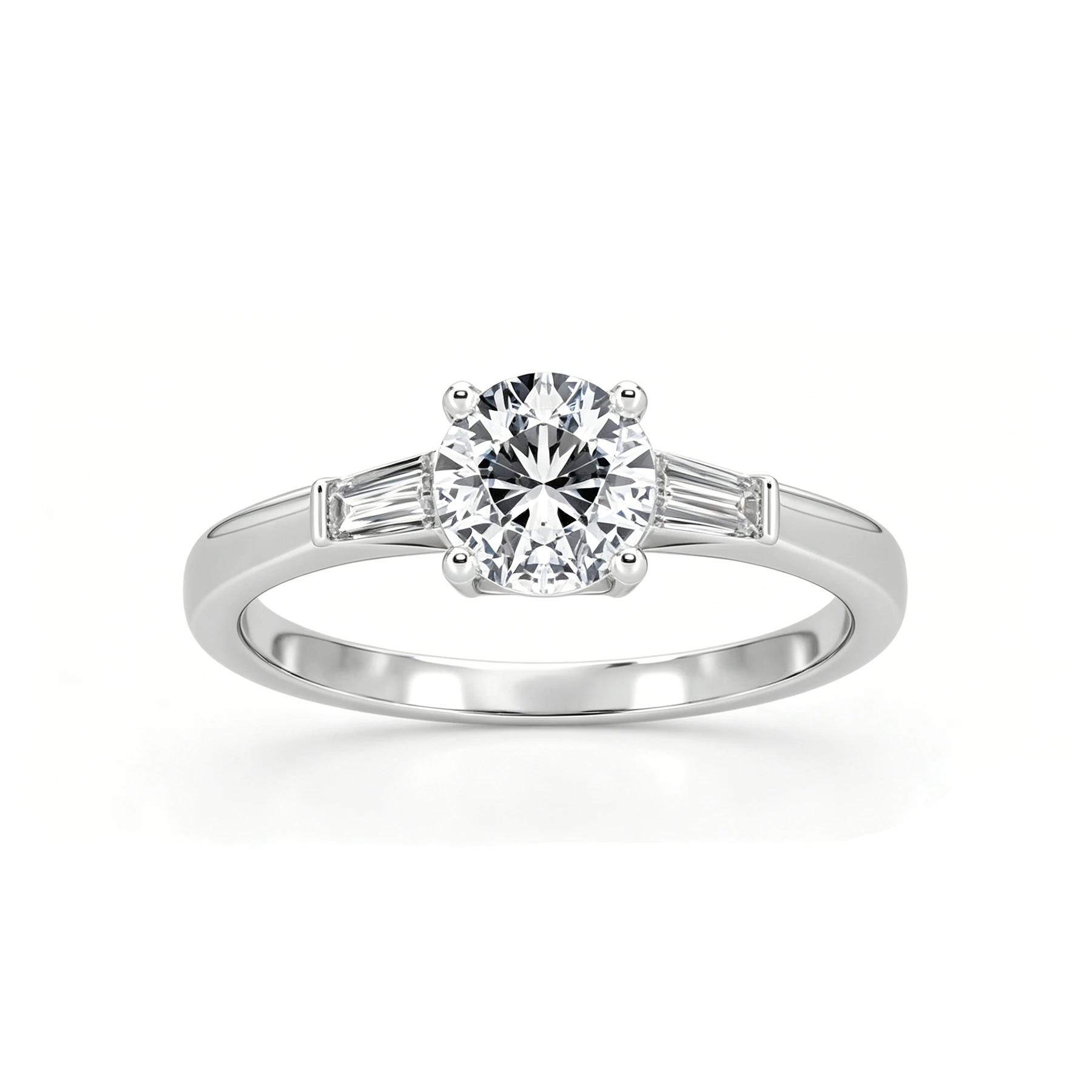 Classic 925 Silver Lab Created Diamond Ring Round Center Stone With Baguette Accents Bridal Wedding Promise Ring 1