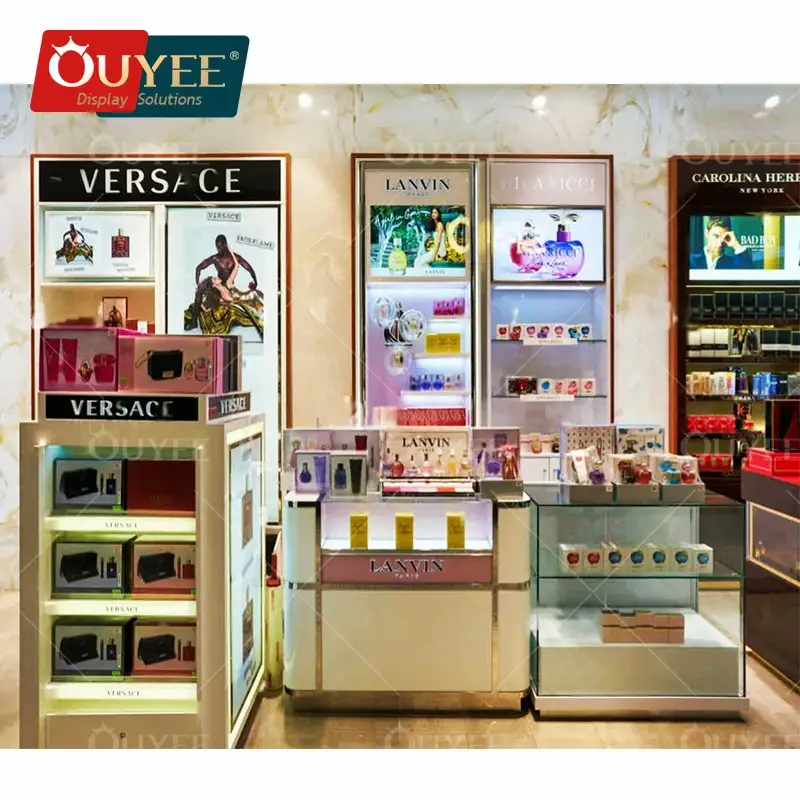Balcão expositor de madeira e vidro para perfumes em lojas de cosméticos. 1