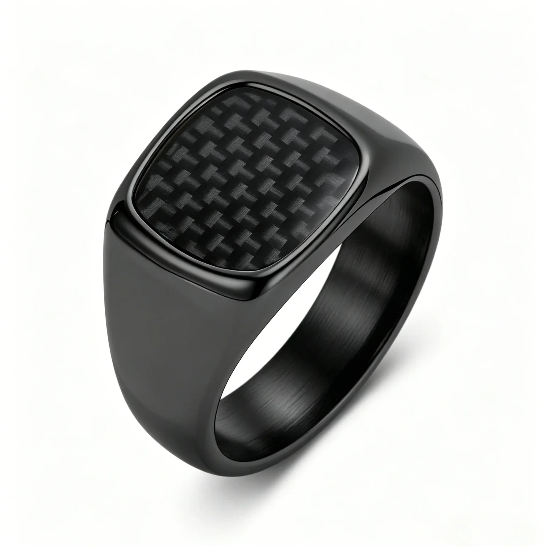 Men's Black Signet Ring Carbon Fiber Inlay Stainless Steel Matte Black Fashion Jewelry For Men 1