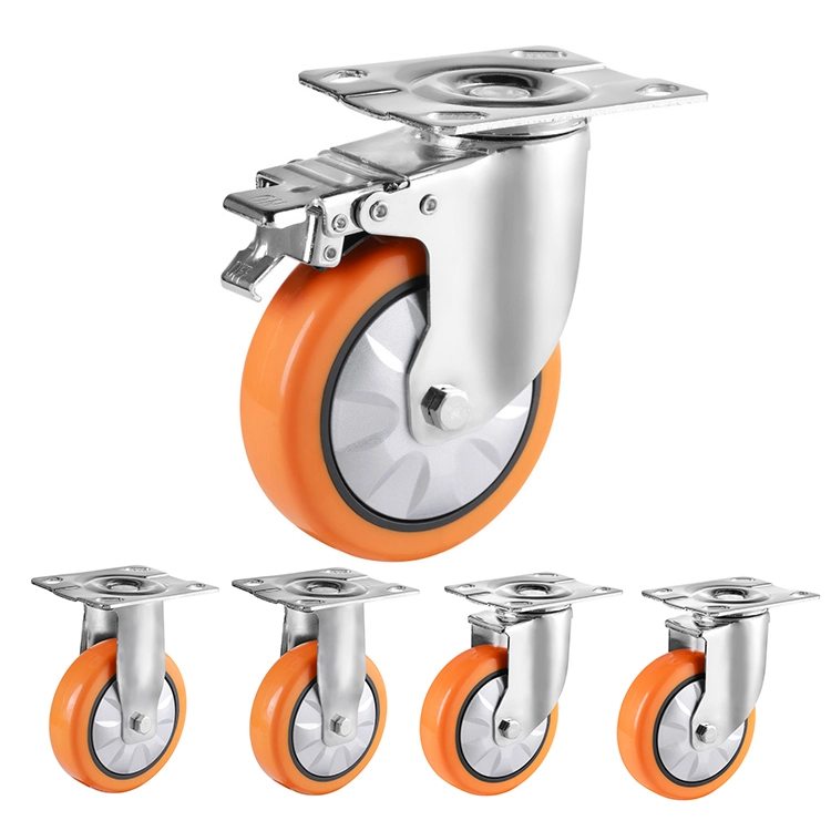 Hot Sale Rueda De 4/5/6inch Orange Swivel Pu Caster Trolley Wheels Industry Medium Heavy Duty Workbench Castors 1
