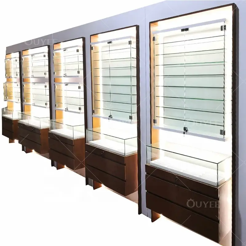 رف عرض نظارات طبية مثبت على الحائط مصنوع من خشب MDF مع إضاءة أكريليك و LED 1