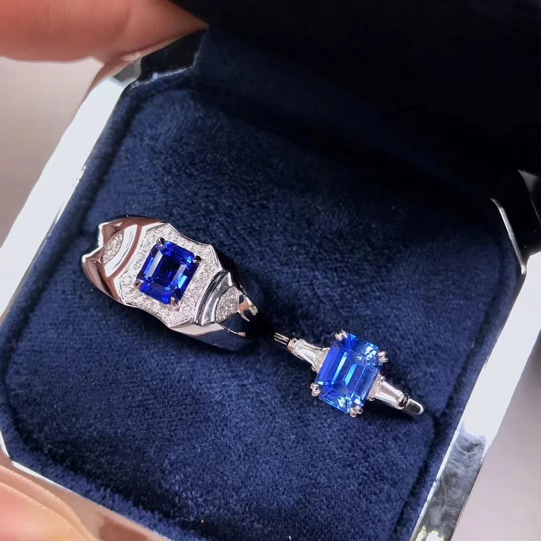 Lab Grown Blue Sapphire Emerald Cut Stone 18k Gold Wedding Rings For Couples Set And Engagement Ring For Lovers 1