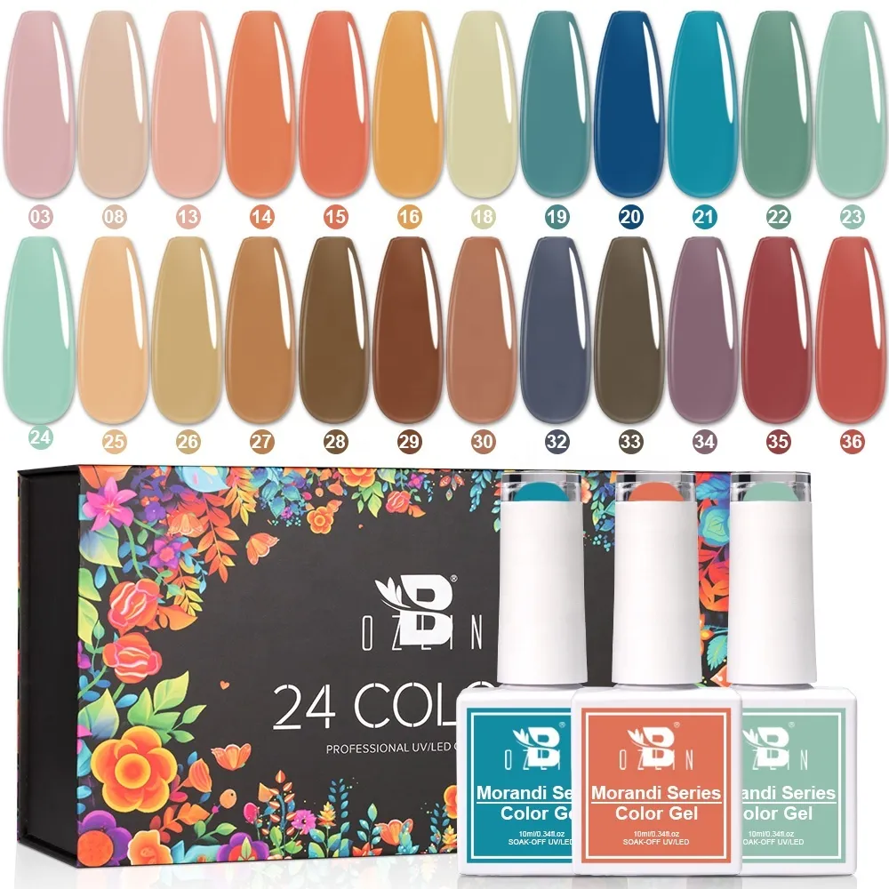 Kit de esmaltes de uñas en gel UV Bozlin de 24 colores con marca propia OEM 1