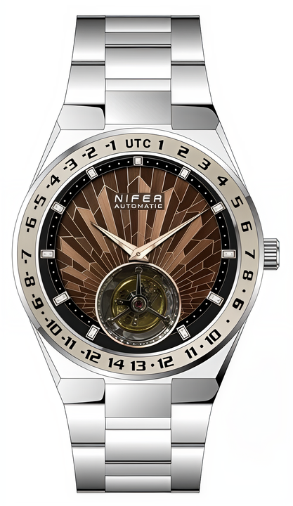 Nifer Herren-Skelettuhr mit achteckigem Zifferblatt und GMT-Funktion, radial strukturiertem Zifferblatt, Edelstahlarmband, wasserdicht bis 5 ATM, luxuriöse Sport- und Businessuhr 4