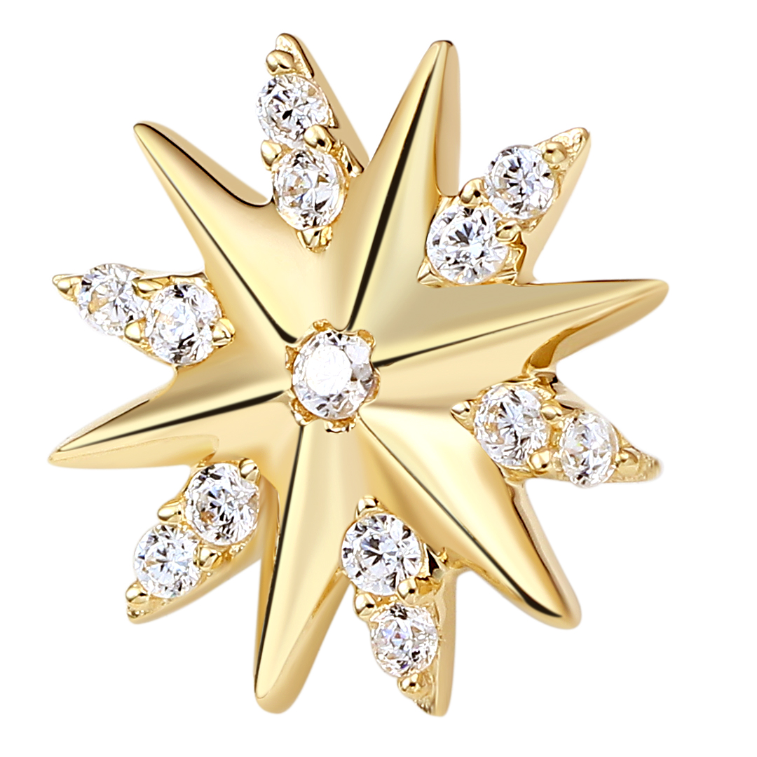 Eternal Metal 14k Solid Yellow Gold Cz Paved Snowflake-shap Nose<000000>lip Piercing Belly<000000>labret Jewelry Threadless Push In Ends Tops 5