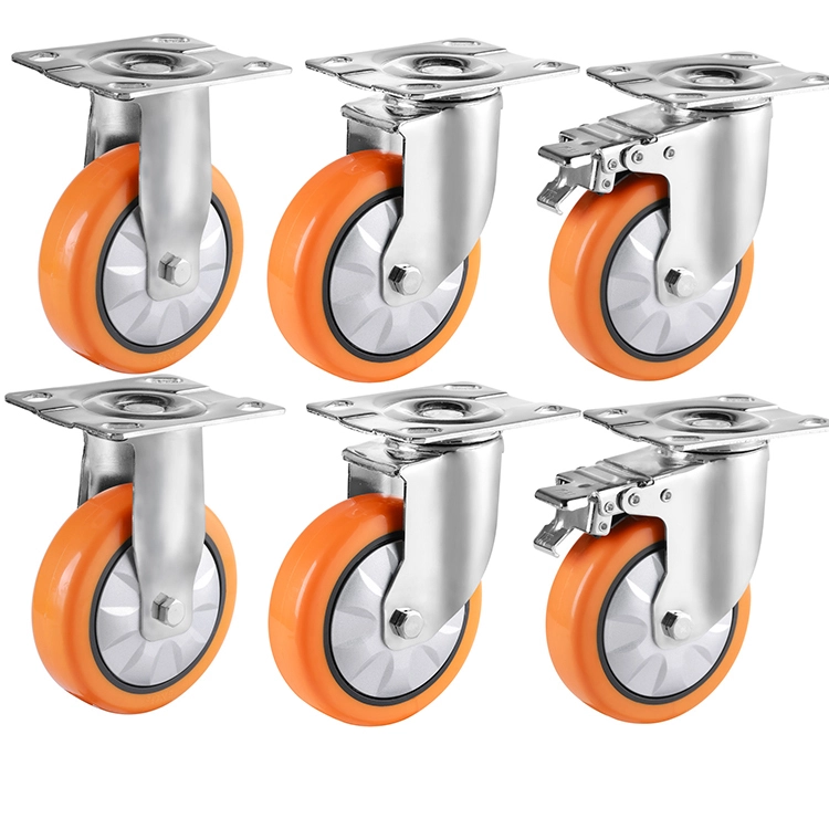 Industrial Medium 4 5 6 Inch Furniture Use Swivel Orange Caster Wheel Pu Universal Wheels Rotatory Castors 1