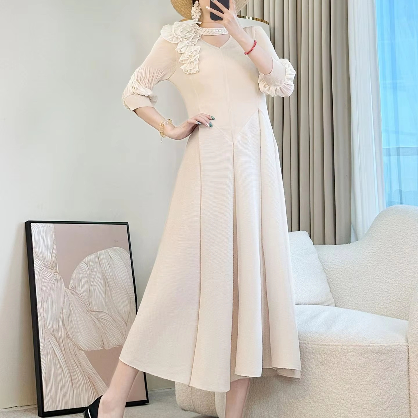 Herbst Neue Elegante Mode Lässig Plissee Kleid Mit Bestickt Sieben-punkt Ärmel Einfache Design 1