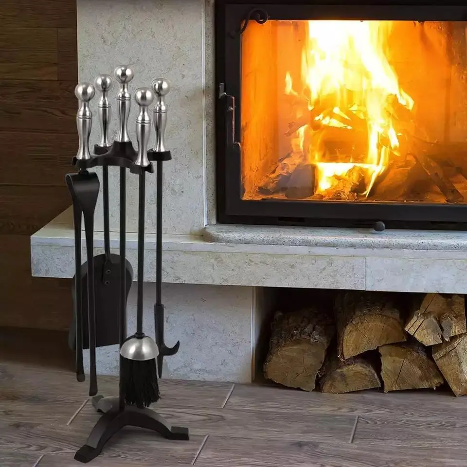 FT005 Modern Cast Wrought Iron Silver Handle Fireplace Fireside Accessories 5 PCS Fireplace Tool Set 2