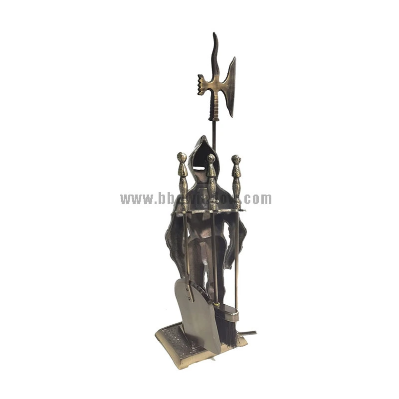 FT032 Dark Knight Fireplace Tool Set Brass Cast Iron 5