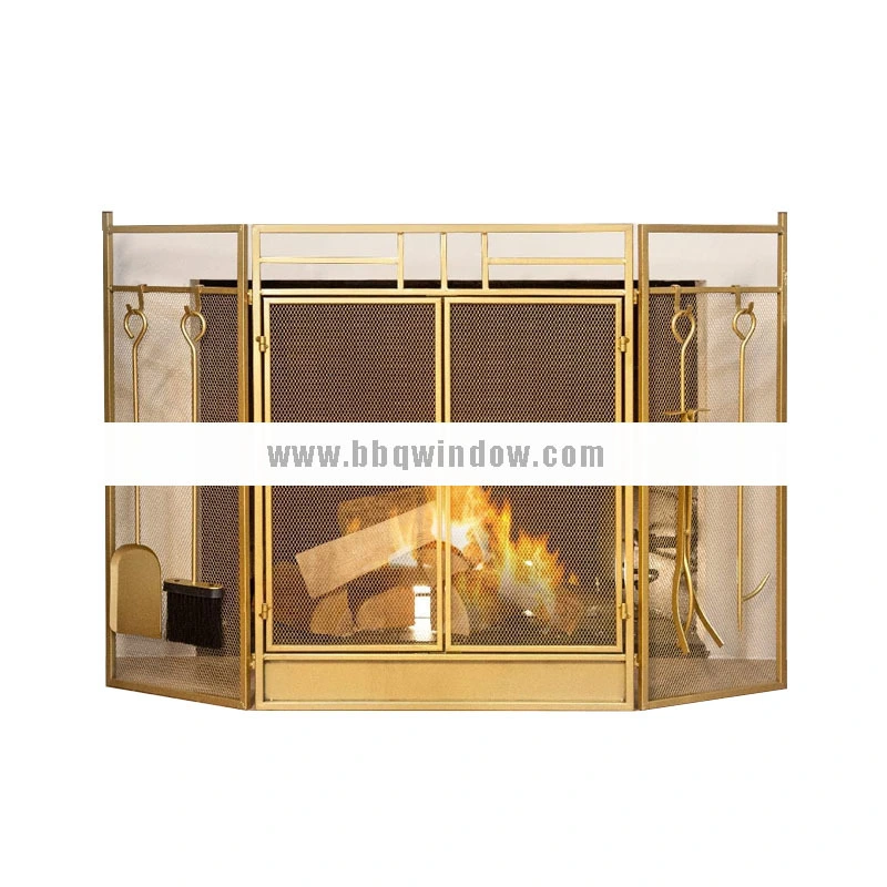 FS011 Fireplace Screen 3 Panel With 4 Pieces Tool Set Golden Metal Iron 1
