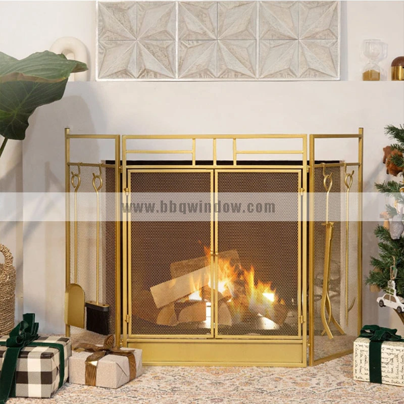 FS011 Fireplace Screen 3 Panel With 4 Pieces Tool Set Golden Metal Iron 5