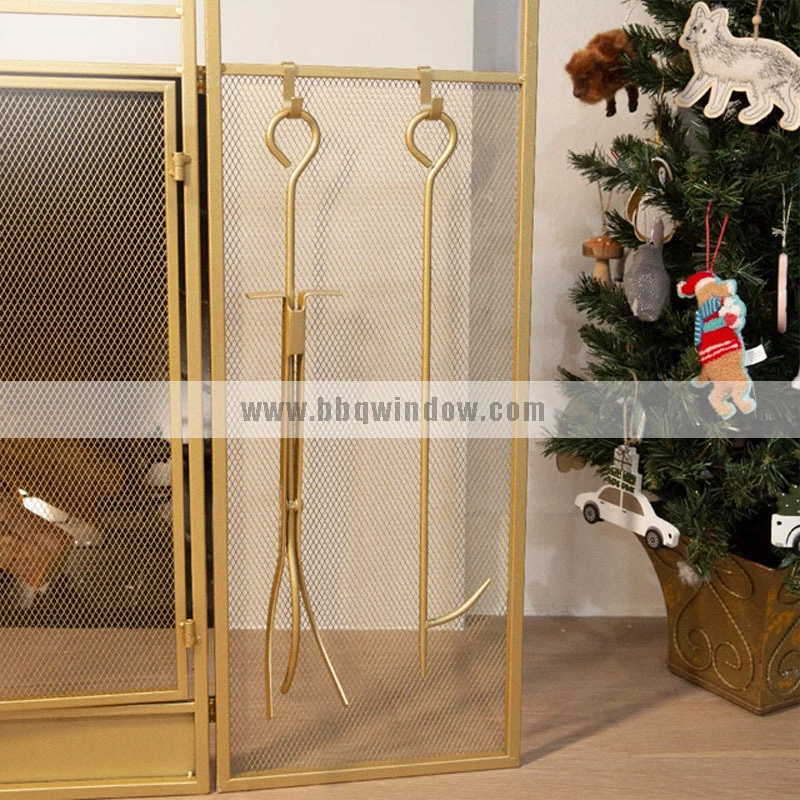 FS011 Fireplace Screen 3 Panel With 4 Pieces Tool Set Golden Metal Iron 2