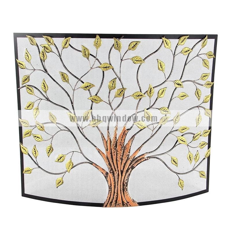 FS013 Fireplace Screen Metal Tree Sculpted Tree Relief Single Panel Fireplace Screen with Curved Mesh Netting 1
