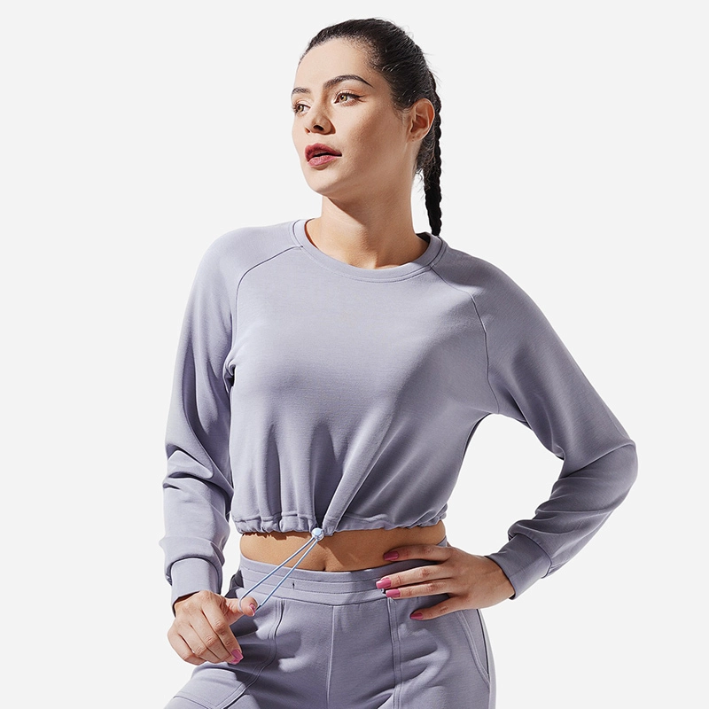 Camisa de ginástica elegante roxa com gola redonda, ombros caídos e design com cordão - ROADSUNSHINE 1