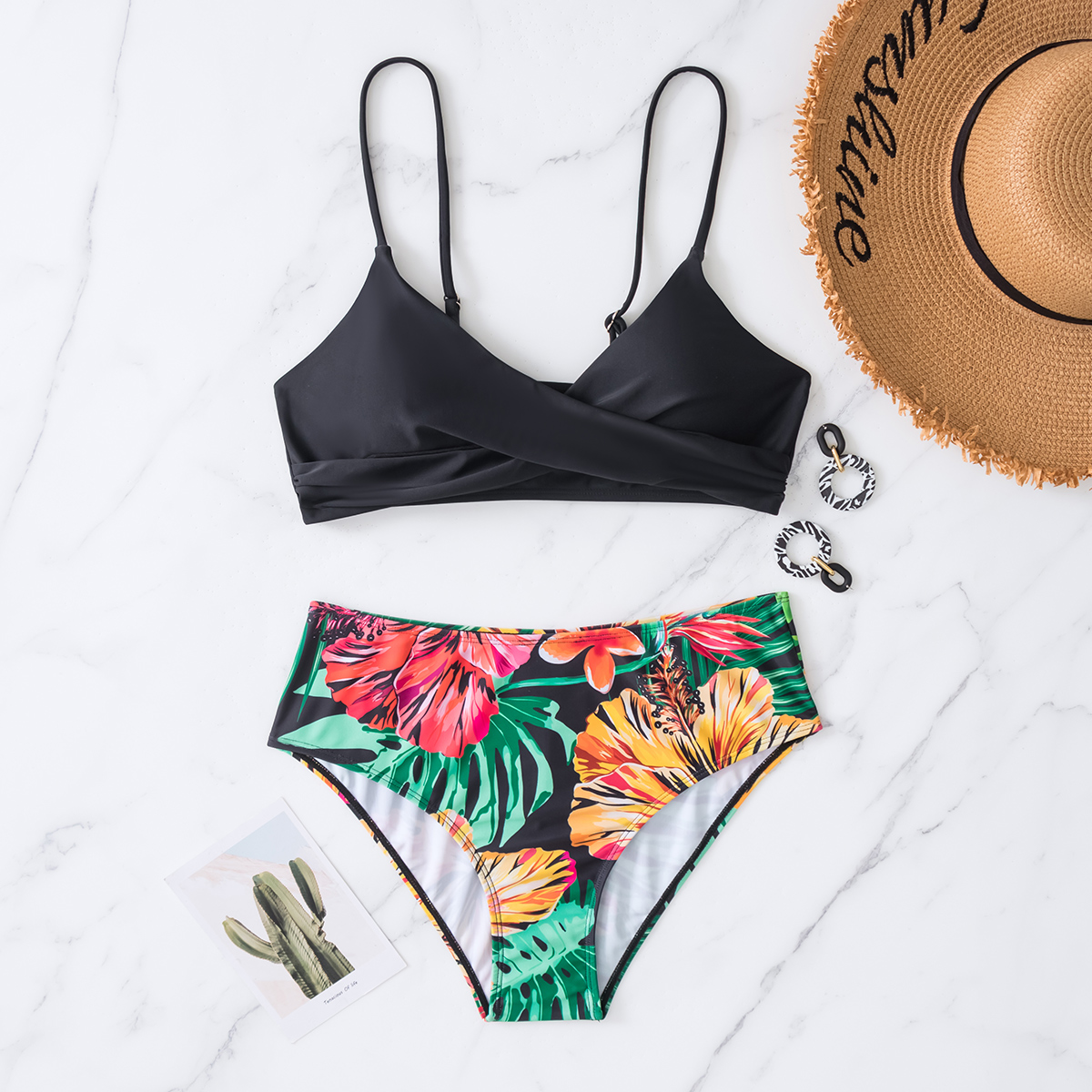 Bunter Badeanzug-Bikini im Strandstil mit tropischem Aufdruck – ROADSUNSHINE 1